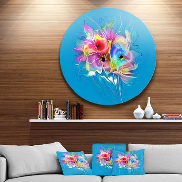 Summer Colorful Flowers on Blue - Floral Round Metal Wall Art